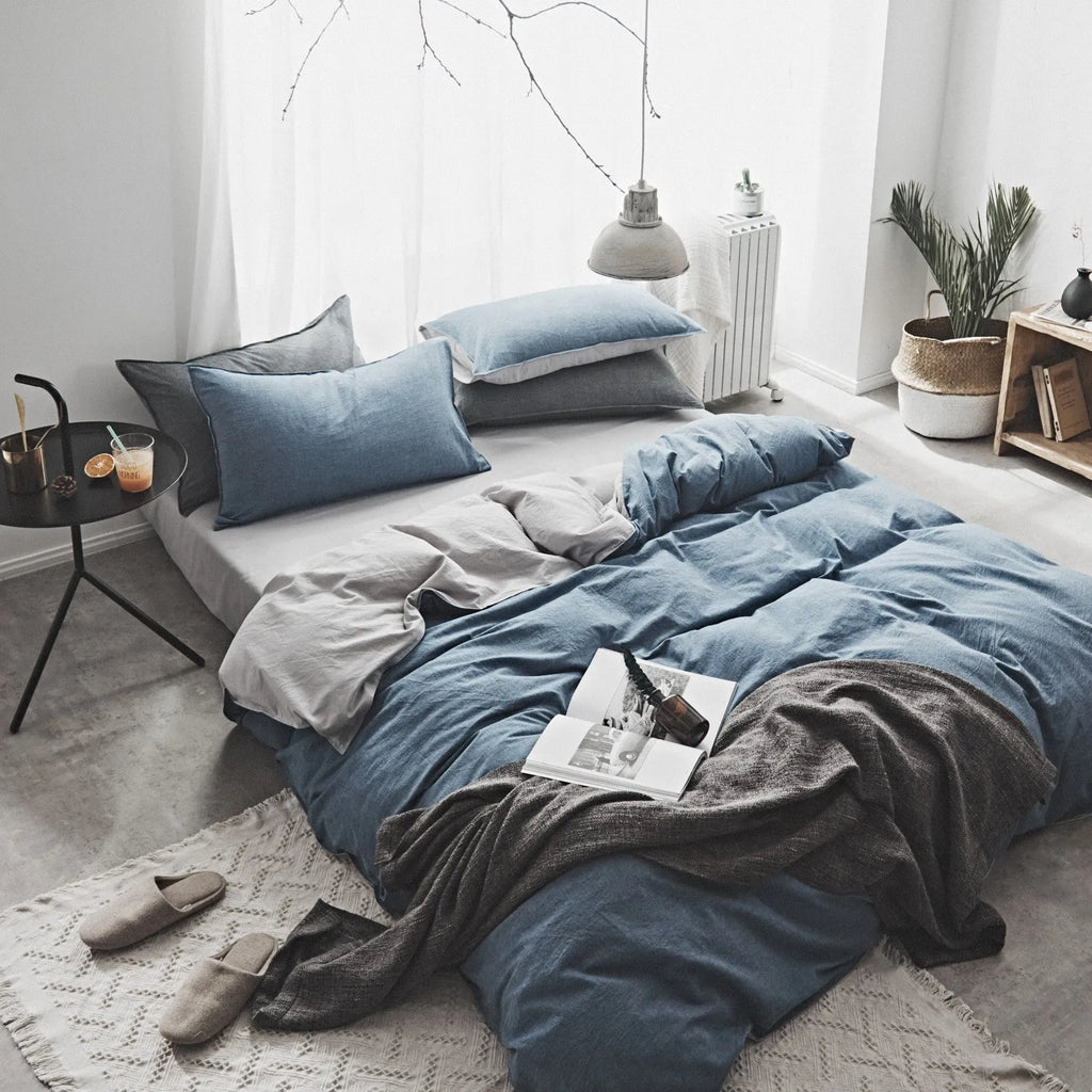 Washed cotton Nordic-style bedding set in solid colour with quilt cover, flat sheet, and two 48x74cm pillowcases