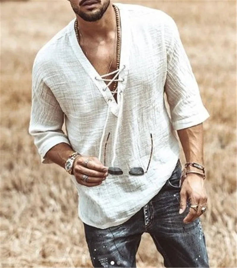Men's V-neck T-shirt with chest straps and eyelets, loose fit, plain cotton top in black