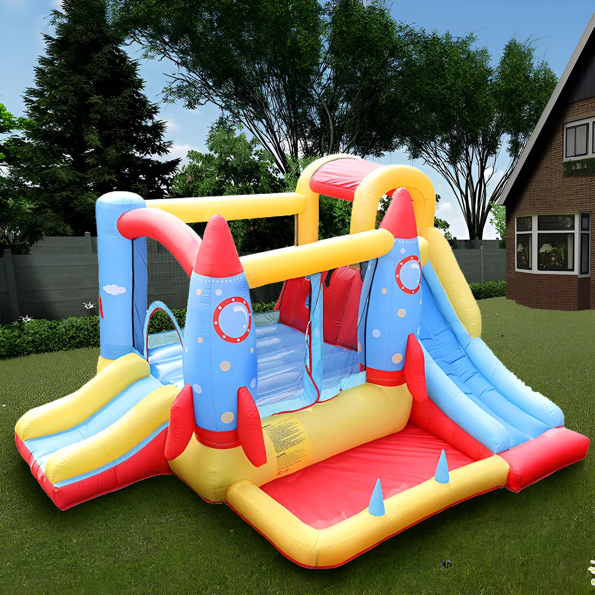 Rocket Castle outdoor inflatable bouncy castle in photo colour with Oxford cloth fabric and fan
