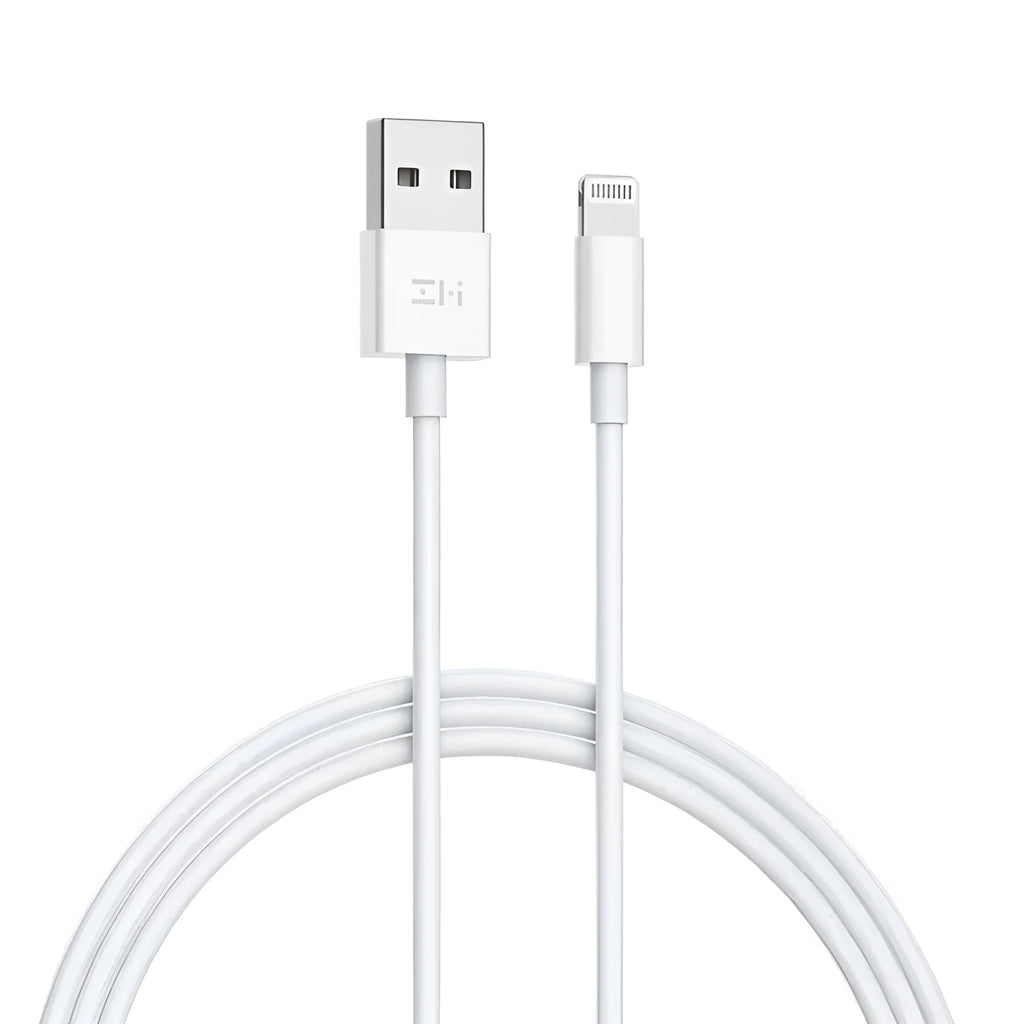 White MFI Certified Lightning to USB data cable for iPhone, shown in 1 metre and 2 metre lengths.