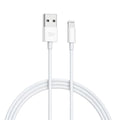White MFI Certified Lightning to USB data cable for iPhone, shown in 1 metre and 2 metre lengths.