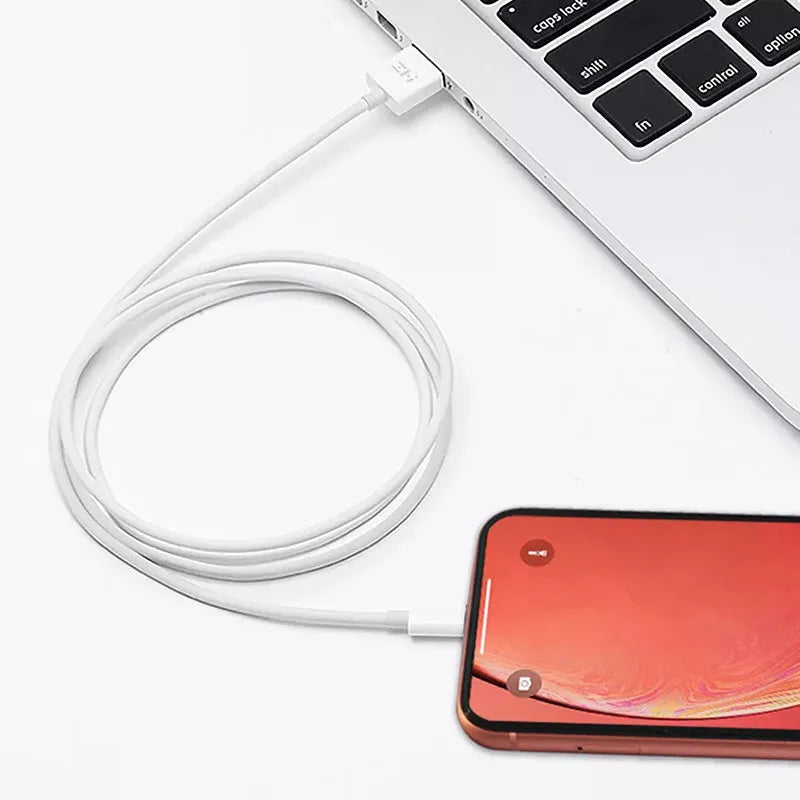 White MFI Certified Lightning to USB data cable for iPhone, shown in 1 metre and 2 metre lengths.