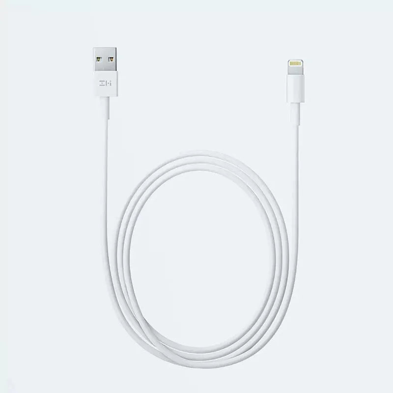 White MFI Certified Lightning to USB data cable for iPhone, shown in 1 metre and 2 metre lengths.