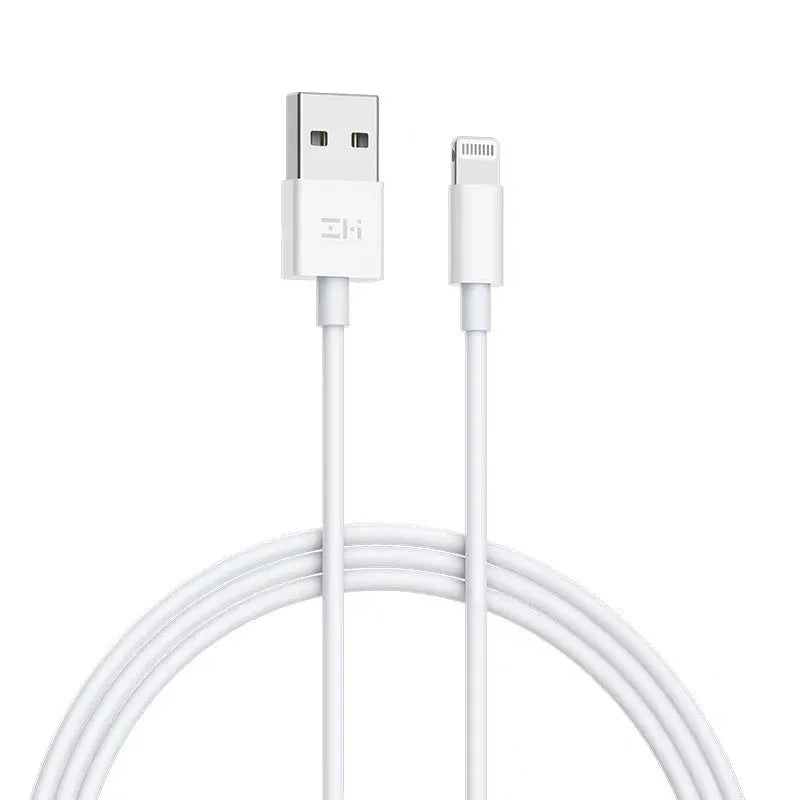 White MFI Certified Lightning to USB data cable for iPhone, shown in 1 metre and 2 metre lengths.