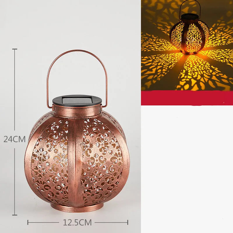 Outdoor waterproof hollow landscape LED lamp in a garden courtyard setting with decorative light pattern