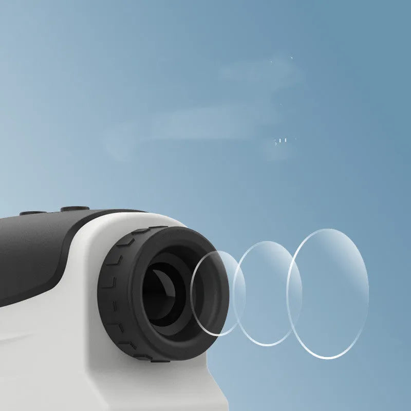 Compact black laser rangefinder for golf and outdoor distance measurement up to 1500 metres.