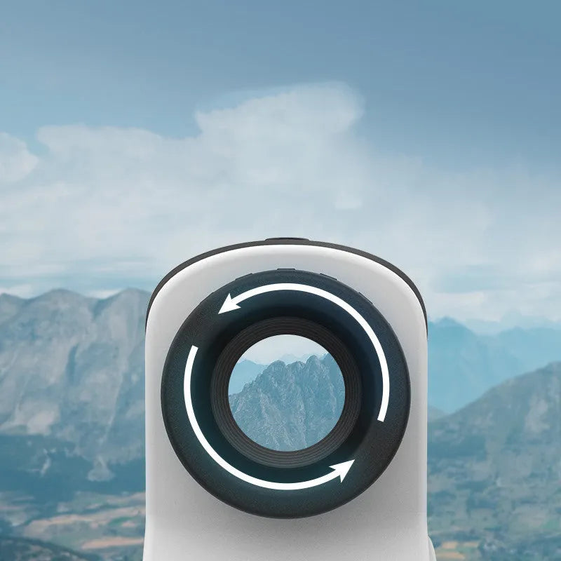 Compact black laser rangefinder for golf and outdoor distance measurement up to 1500 metres.