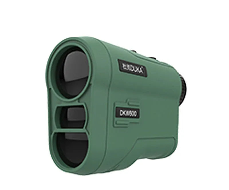 Compact black laser rangefinder for golf and outdoor distance measurement up to 1500 metres.