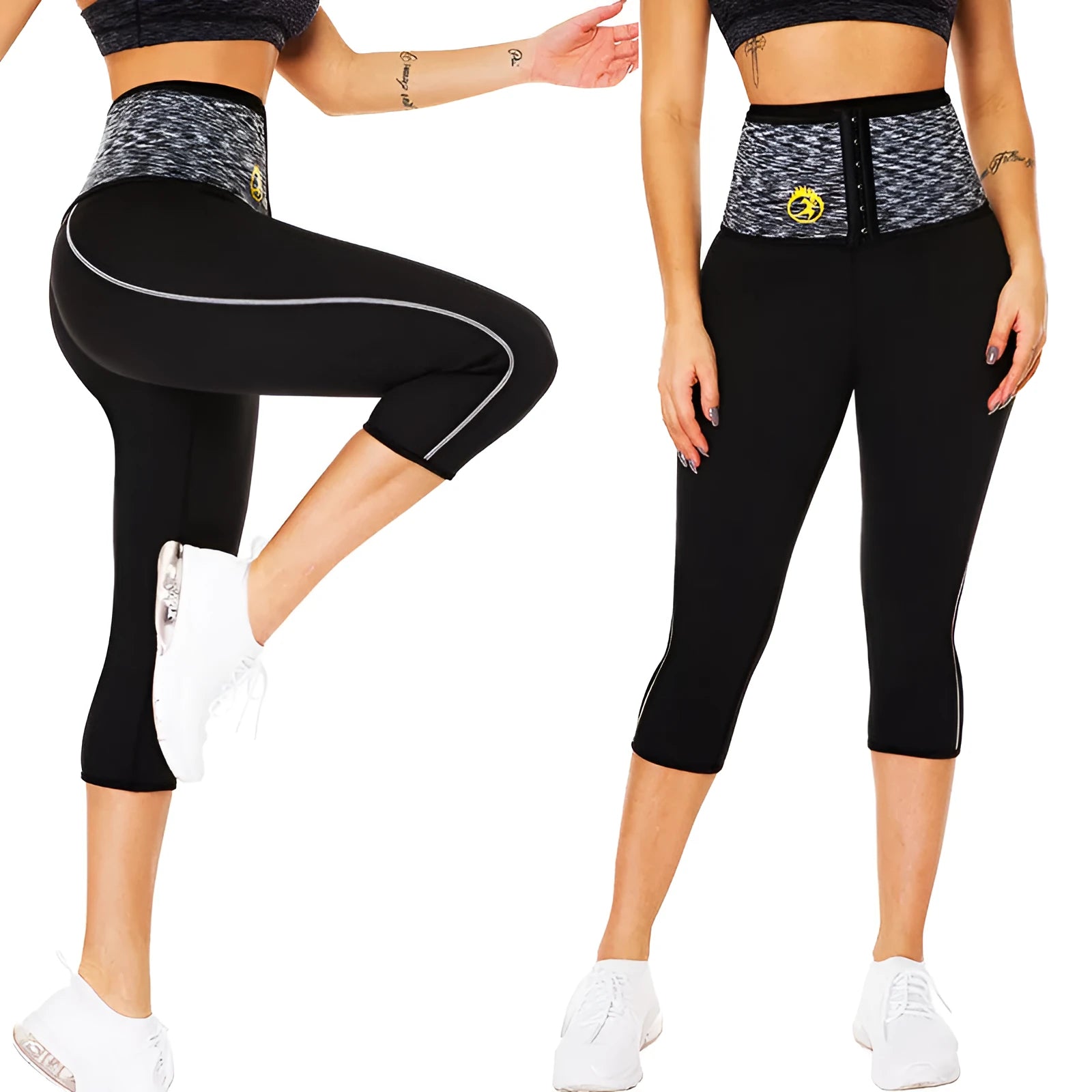 Black compression waist fitness yoga pants for women in Lycra acetate blend five-point length