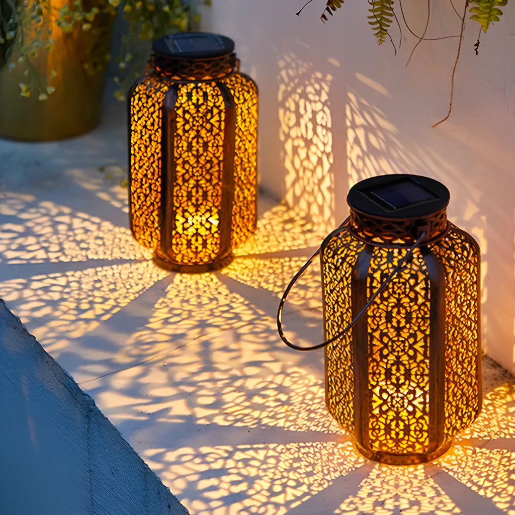 Outdoor waterproof hollow landscape LED lamp in a garden courtyard setting with decorative light pattern