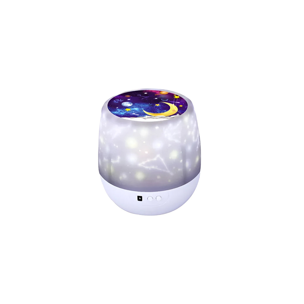 Pruixin LED projector night light projecting rotating star patterns on a bedroom ceiling.