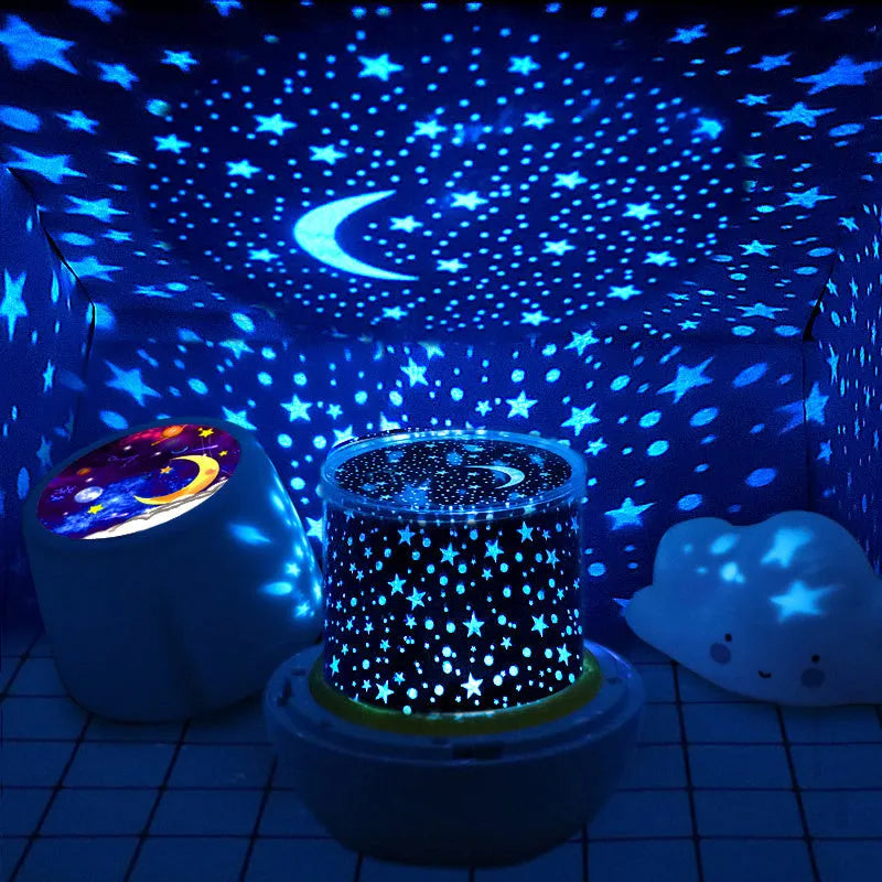 Pruixin LED projector night light projecting rotating star patterns on a bedroom ceiling.