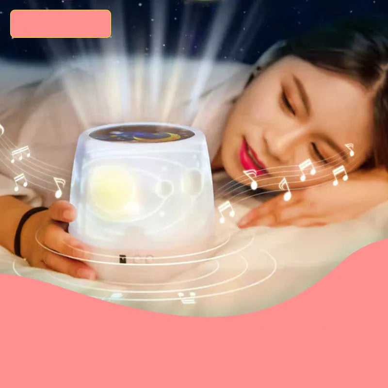 Pruixin LED projector night light projecting rotating star patterns on a bedroom ceiling.