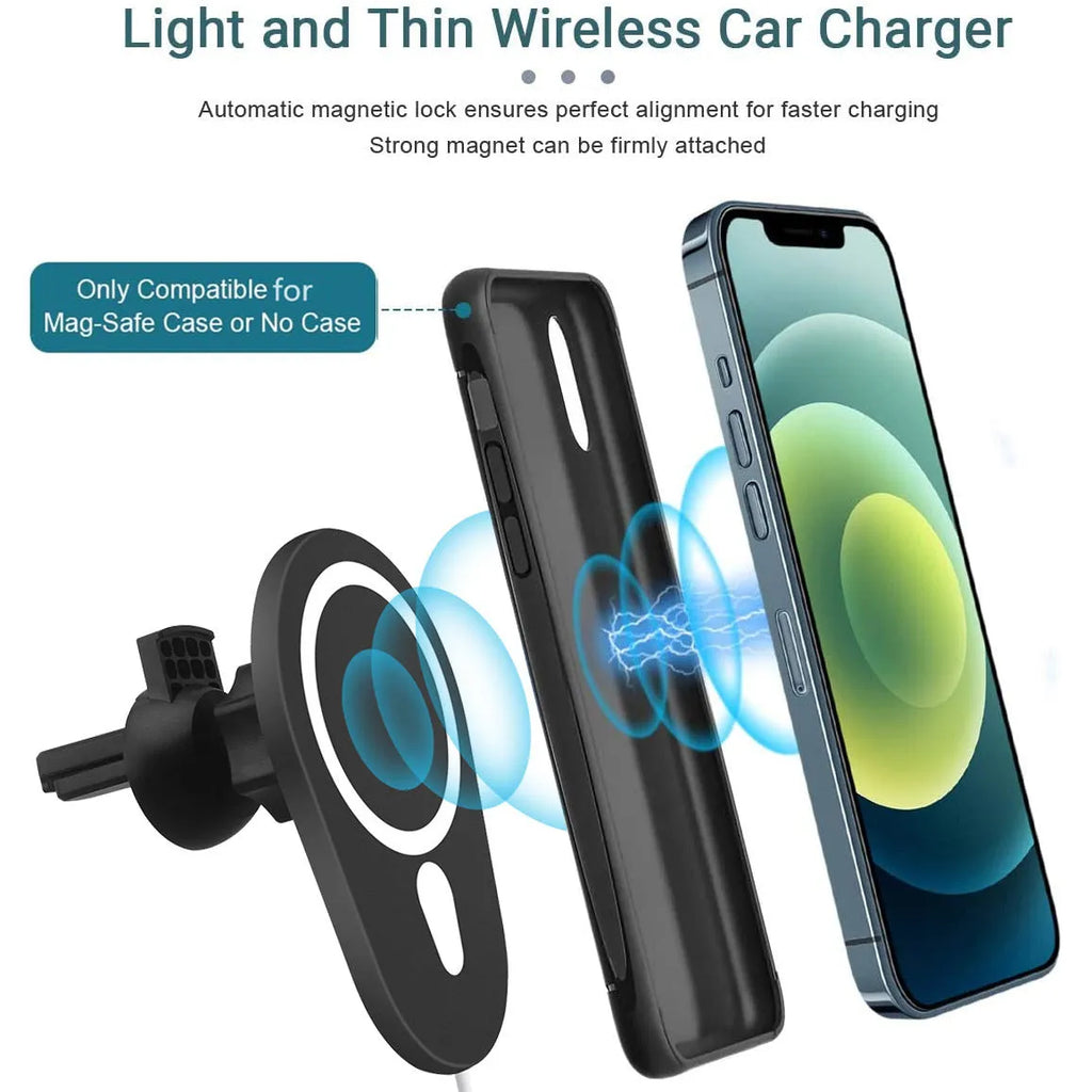 Black magnetic suction car wireless charger with indicator light for 15W fast charging