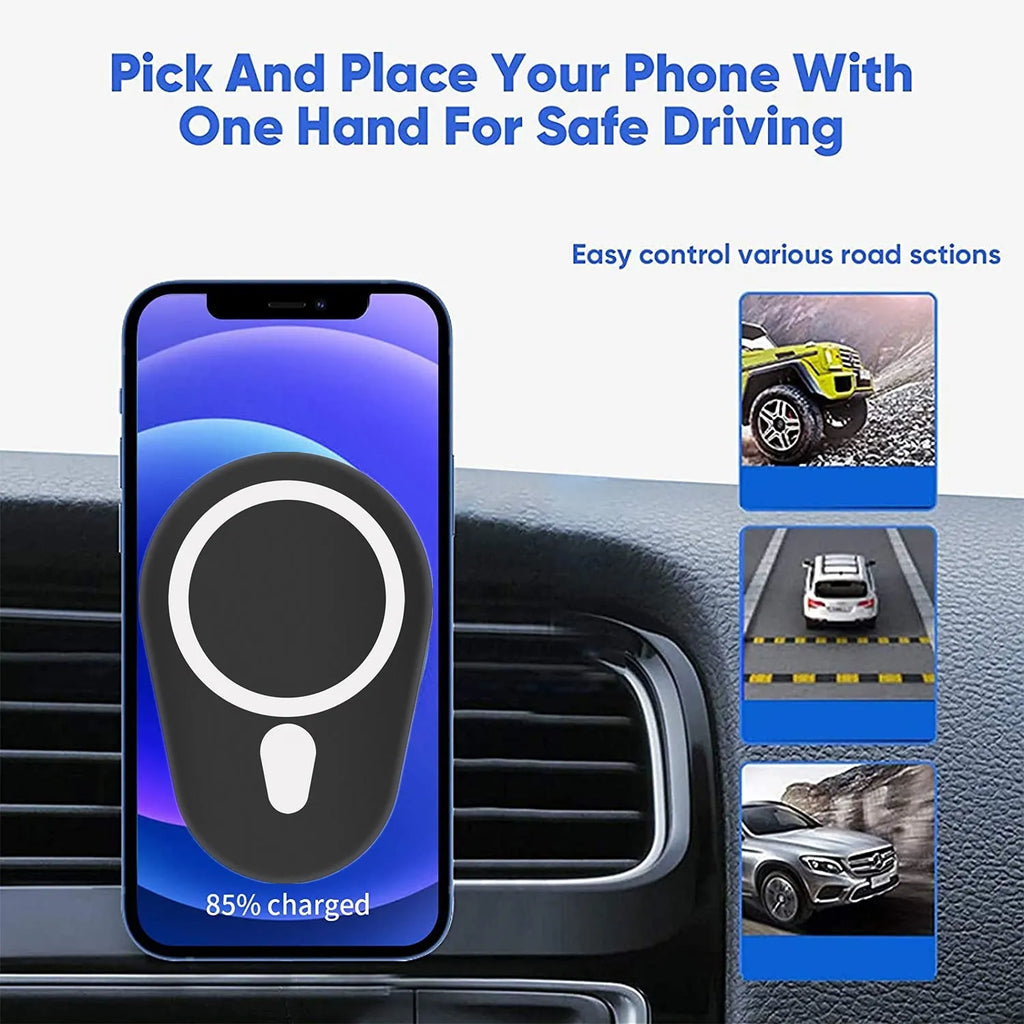 Black magnetic suction car wireless charger with indicator light for 15W fast charging
