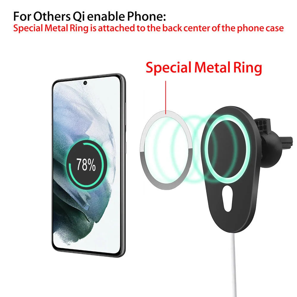 Black magnetic suction car wireless charger with indicator light for 15W fast charging