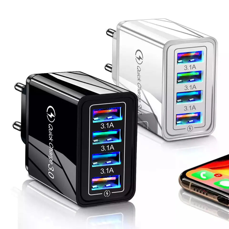 Simple Luminous 4-port USB wall charger with UK plug, showing four blue USB ports and power light.