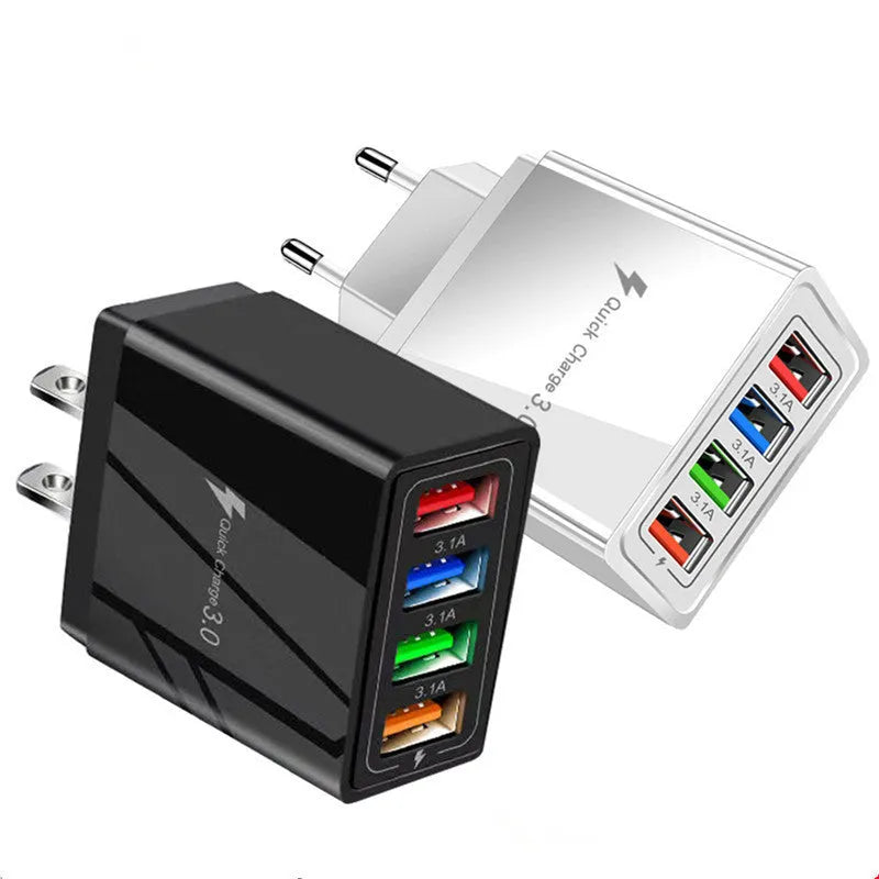 Simple Luminous 4-port USB wall charger with UK plug, showing four blue USB ports and power light.