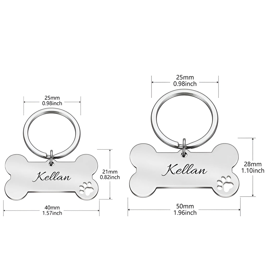 Stainless steel dog bone pet ID tag in black, gold, rose gold, or silver, 40x21mm or 50x28mm