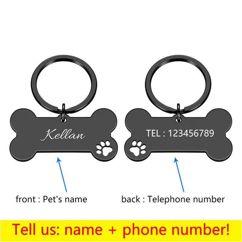 Stainless steel dog bone pet ID tag in black, gold, rose gold, or silver, 40x21mm or 50x28mm