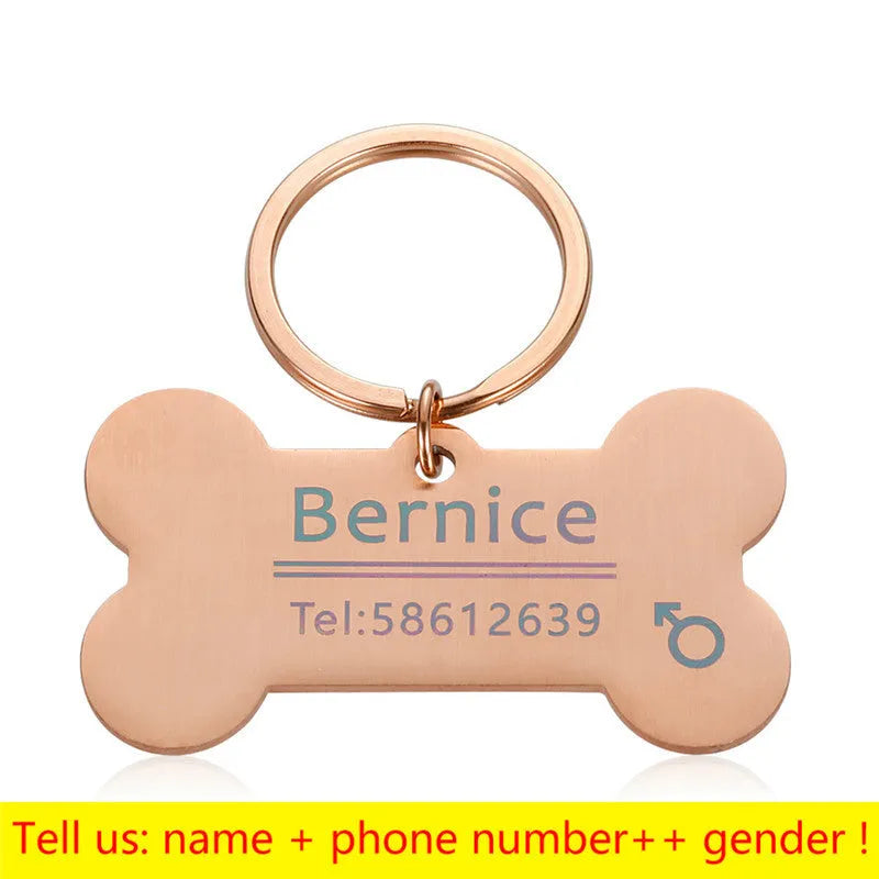 Stainless steel dog bone pet ID tag in black, gold, rose gold, or silver, 40x21mm or 50x28mm