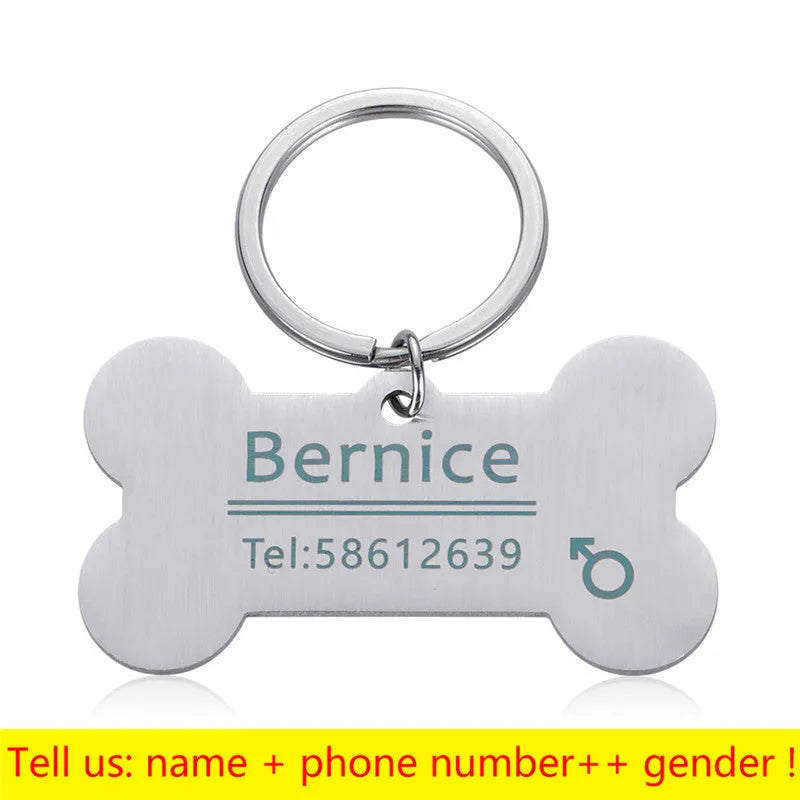 Stainless steel dog bone pet ID tag in black, gold, rose gold, or silver, 40x21mm or 50x28mm