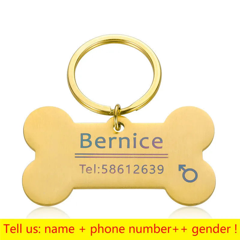 Stainless steel dog bone pet ID tag in black, gold, rose gold, or silver, 40x21mm or 50x28mm
