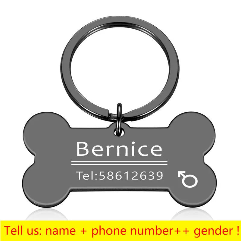 Stainless steel dog bone pet ID tag in black, gold, rose gold, or silver, 40x21mm or 50x28mm