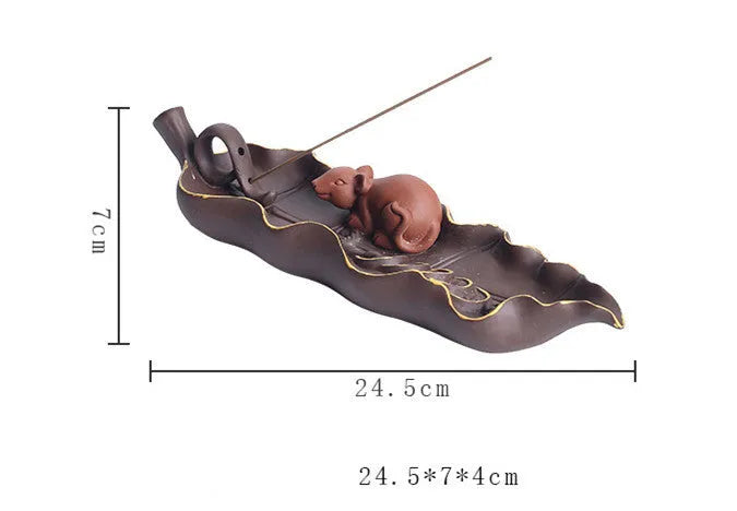 Purple clay ceramic lying incense burner with golden rat design for horizontal incense sticks