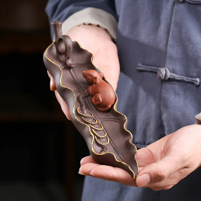Purple clay ceramic lying incense burner with golden rat design for horizontal incense sticks
