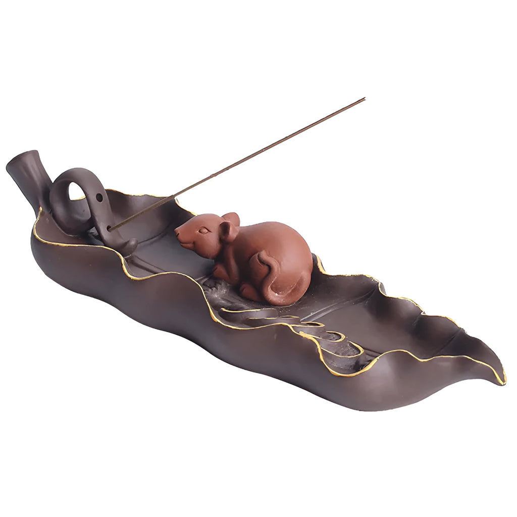 Purple clay ceramic lying incense burner with golden rat design for horizontal incense sticks