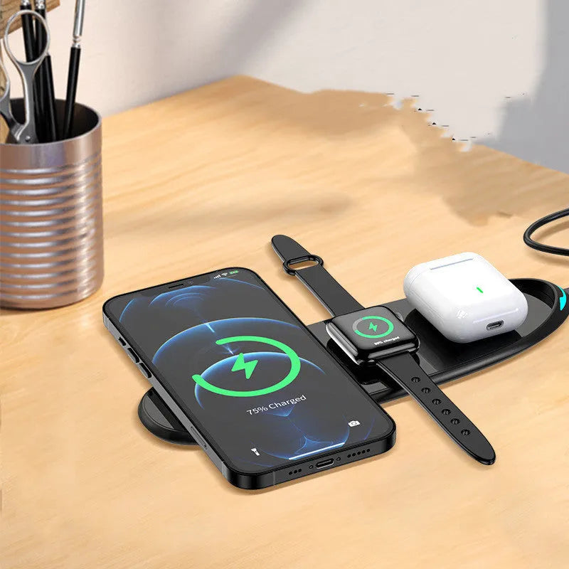 Three-in-one wireless charger with compact 220x70mm design for watch and headset in black finish