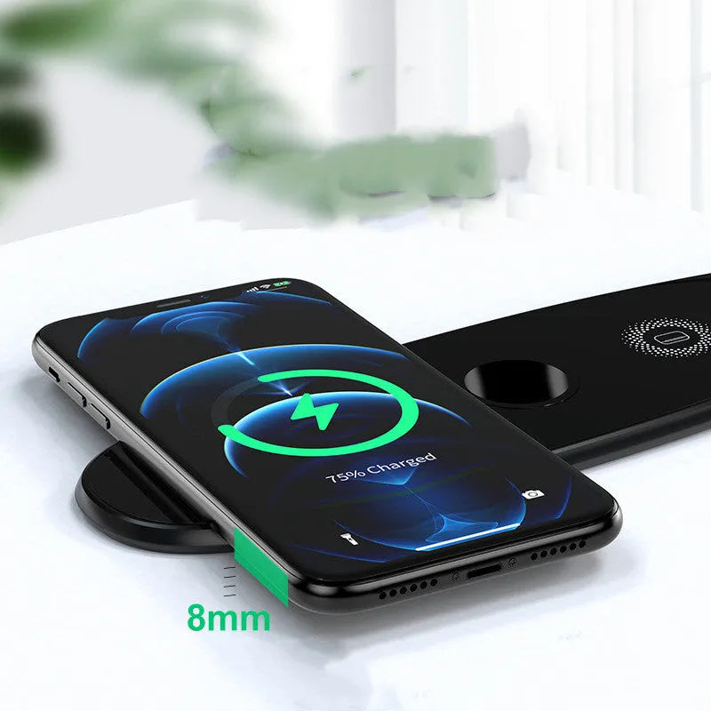 Three-in-one wireless charger with compact 220x70mm design for watch and headset in black finish