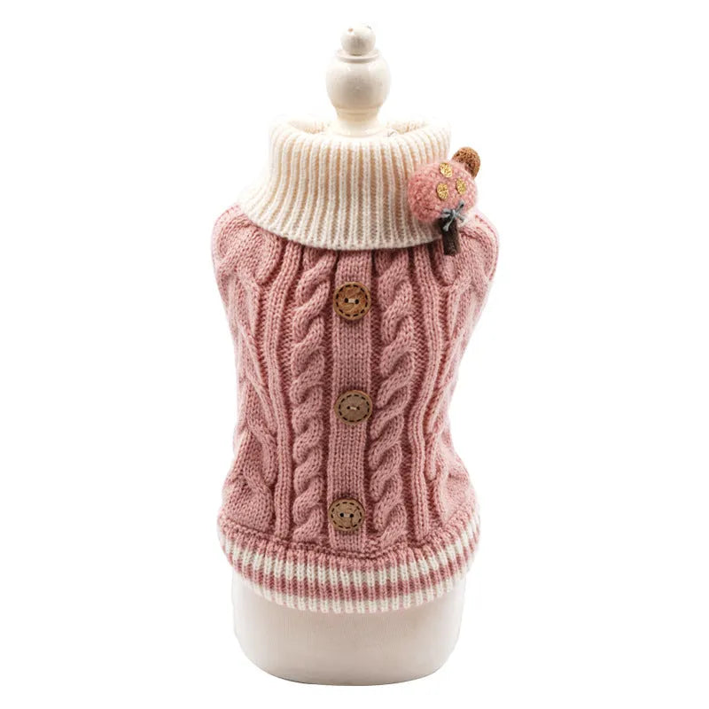 Classic knitted pet sweater for small dogs in twist-button blue colour
