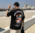Men's loose fit Harajuku style short sleeve T-shirt with cartoon print in white and black