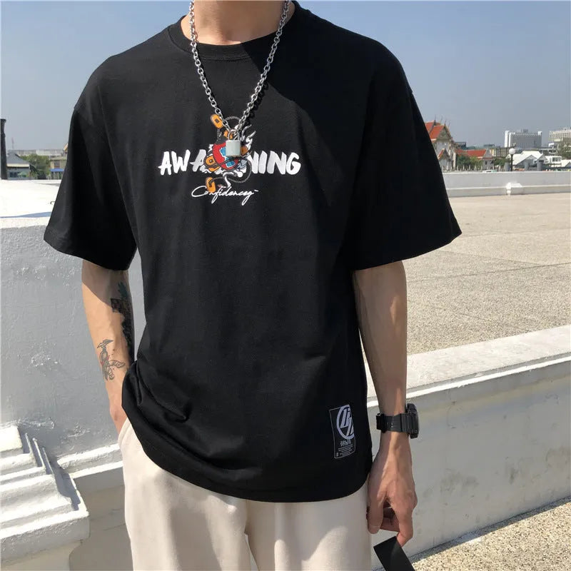 Men's loose fit Harajuku style short sleeve T-shirt with cartoon print in white and black