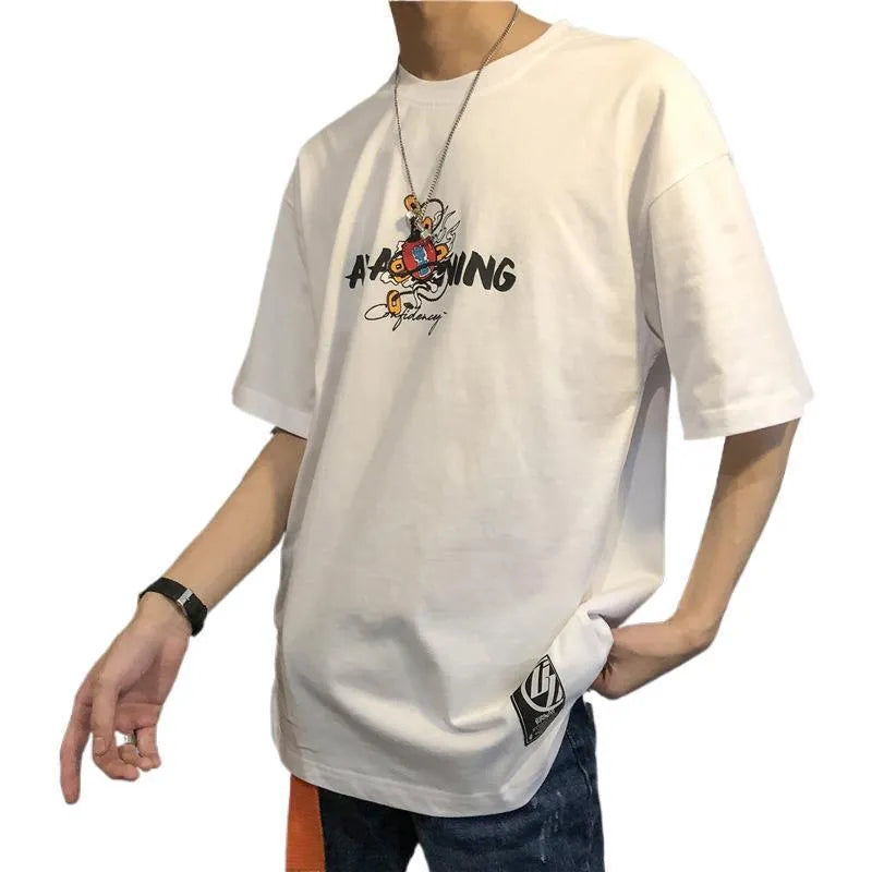 Men's loose fit Harajuku style short sleeve T-shirt with cartoon print in white and black