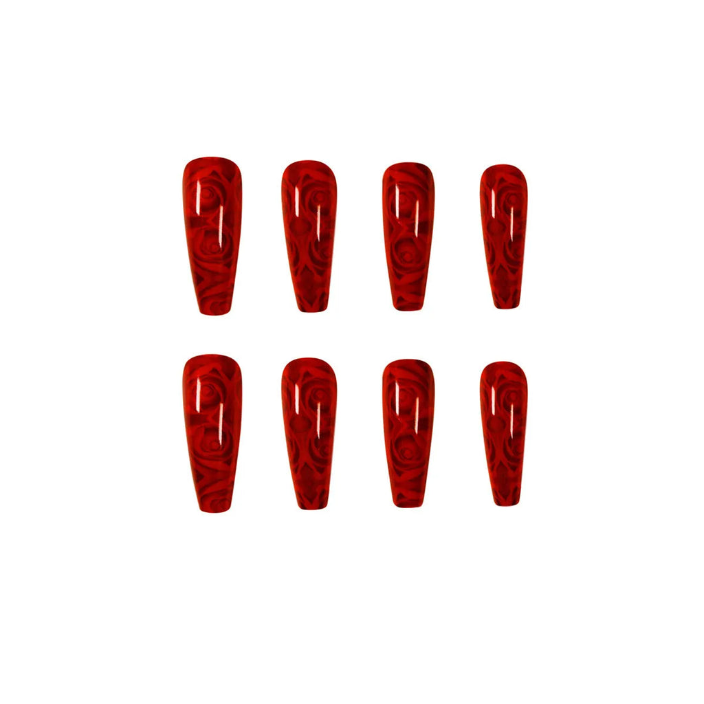 Hot wine red rose wearing nail art finished product 24 tablets with glue bottle