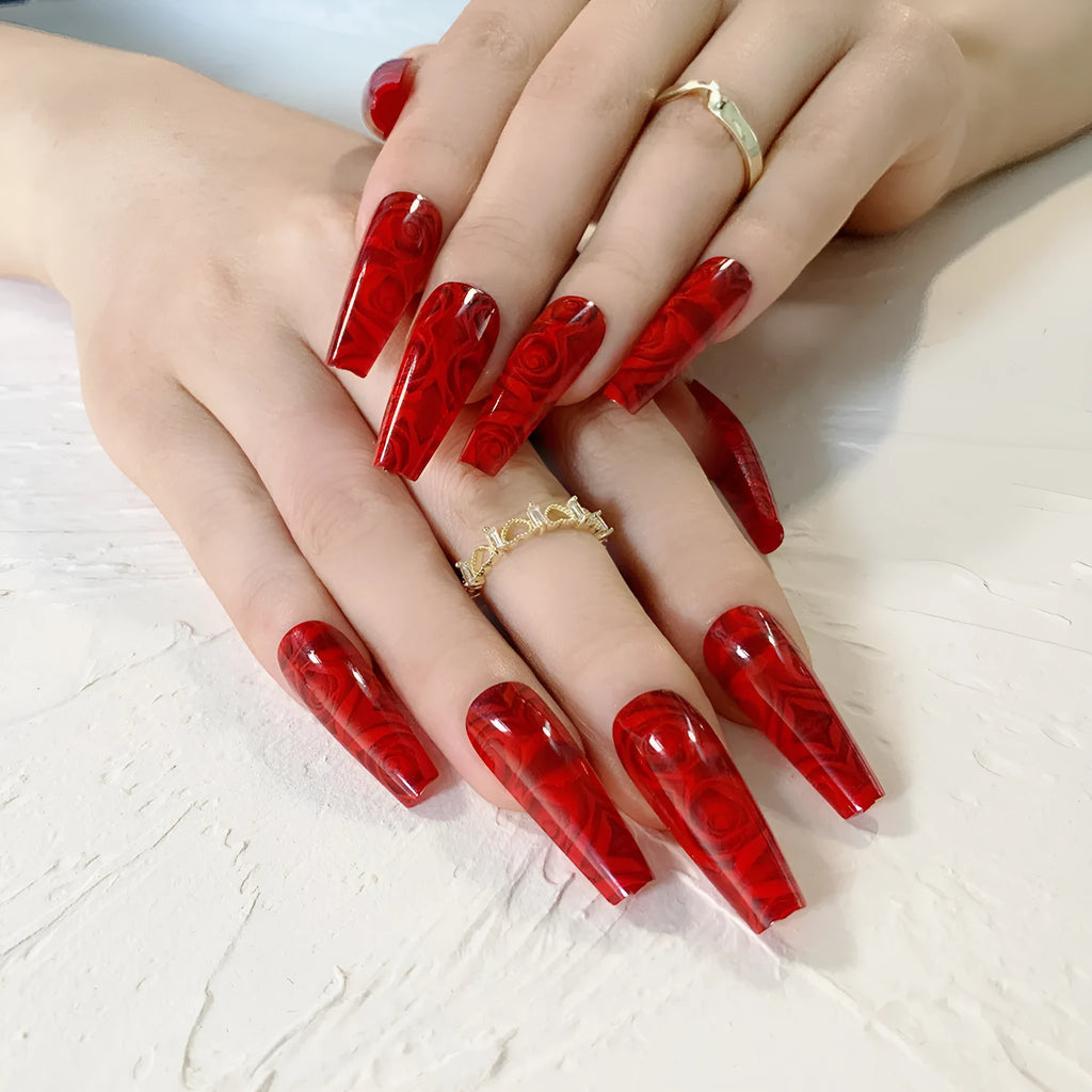 Hot wine red rose wearing nail art finished product 24 tablets with glue bottle