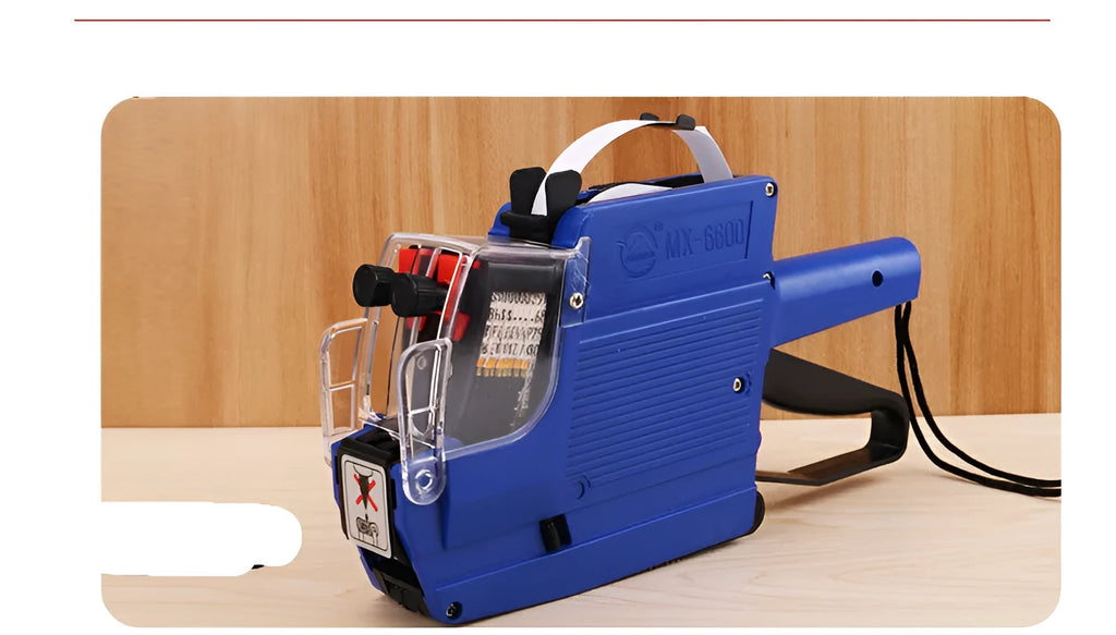 Manual price coding machine in blue, red, or yellow with ink roller and thermal paper rolls