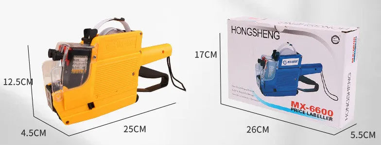 Manual price coding machine in blue, red, or yellow with ink roller and thermal paper rolls