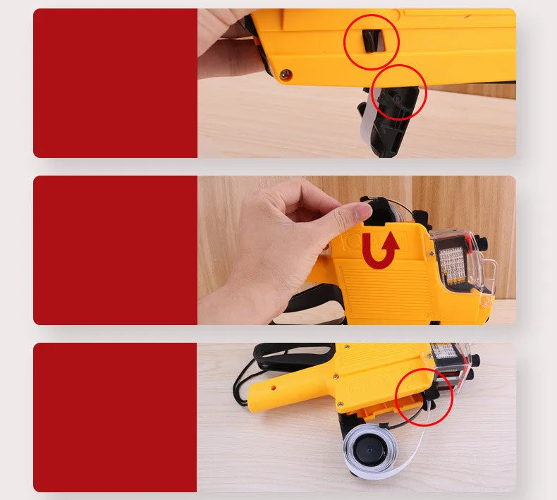 Manual price coding machine in blue, red, or yellow with ink roller and thermal paper rolls