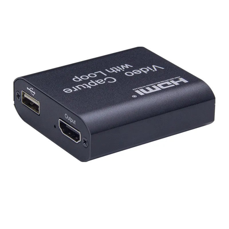 Black HDMI 4K video capture card with USB interface and loop out for high-definition acquisition