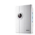 White compact household dehumidifier with 2.2L water tank showing control panel and dimensions