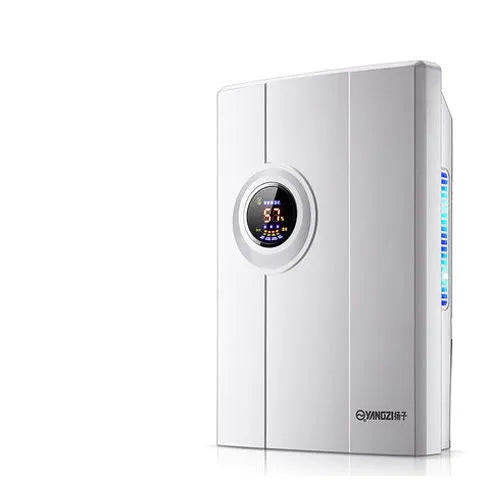 White compact household dehumidifier with 2.2L water tank showing control panel and dimensions