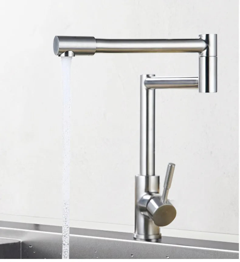 Silver stainless steel kitchen faucet with 360-degree rotation and dual hot/cold controls