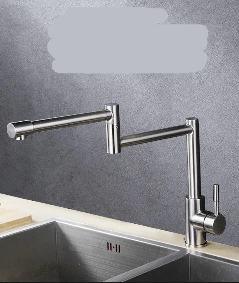 Silver stainless steel kitchen faucet with 360-degree rotation and dual hot/cold controls