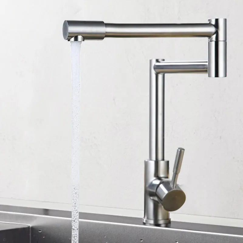 Silver stainless steel kitchen faucet with 360-degree rotation and dual hot/cold controls