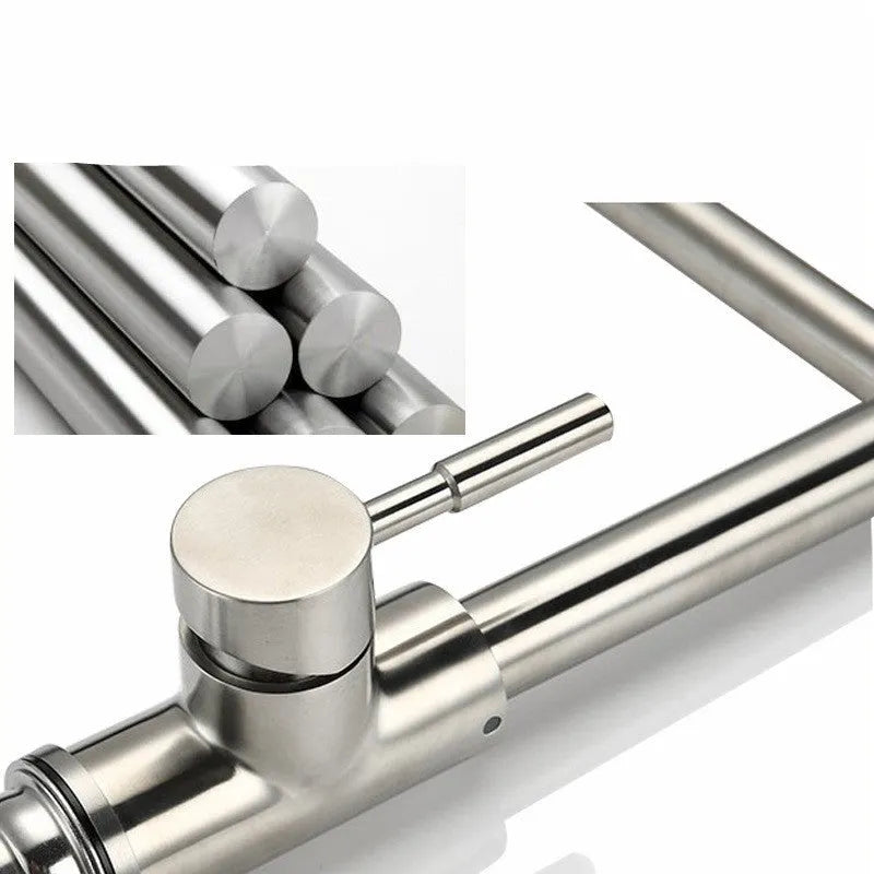 Silver stainless steel kitchen faucet with 360-degree rotation and dual hot/cold controls