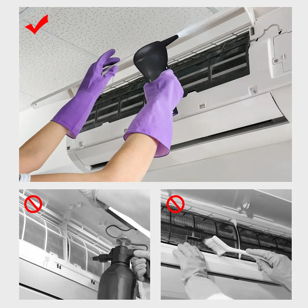 Black cordless air duster with full-palm grip and withdrawable nozzle for computer and camera cleaning